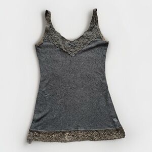 Abercrombie & Fitch Y2K Ribbed Lace Trim Bow Cami Tank Top Small Coquette Gray